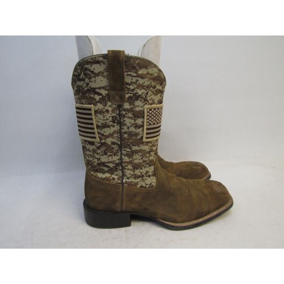 EUC Ariat Mens Sz 12 D Brown Suede Camo American Flag Cowboy Square Toe Boot main image 10